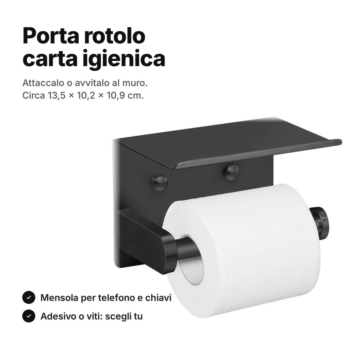 Porta rotolo carta igienica con mensola in acciaio inox nero, con un rotolo sul braccio – si attacca o si avvita al muro, circa 13,5 × 10,2 × 10,9 cm