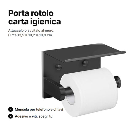 Porta rotolo carta igienica con mensola in acciaio inox nero, con un rotolo sul braccio – si attacca o si avvita al muro, circa 13,5 × 10,2 × 10,9 cm