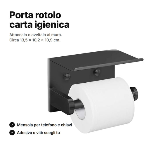 Porta rotolo carta igienica con mensola in acciaio inox nero, con un rotolo sul braccio – si attacca o si avvita al muro, circa 13,5 × 10,2 × 10,9 cm