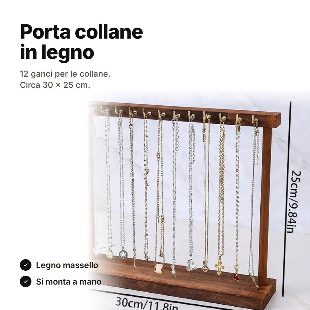 Porta collane in legno marrone scuro con 12 ganci, circa 30 × 25 cm