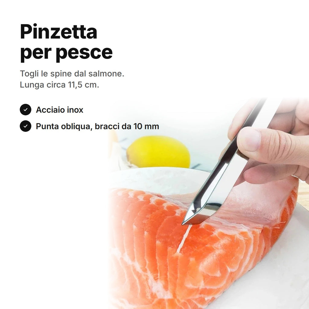 Pinzetta per pesce in acciaio inox con punta obliqua che toglie una spina da un filetto di salmone – lunga circa 11,5 cm