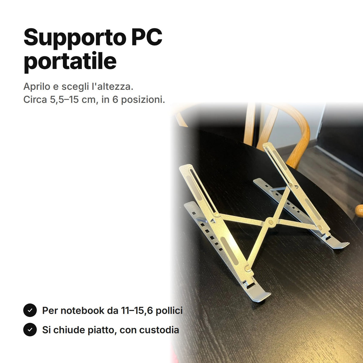 Supporto PC portatile in alluminio, pieghevole, con 6 altezze da circa 5,5 a circa 15 cm