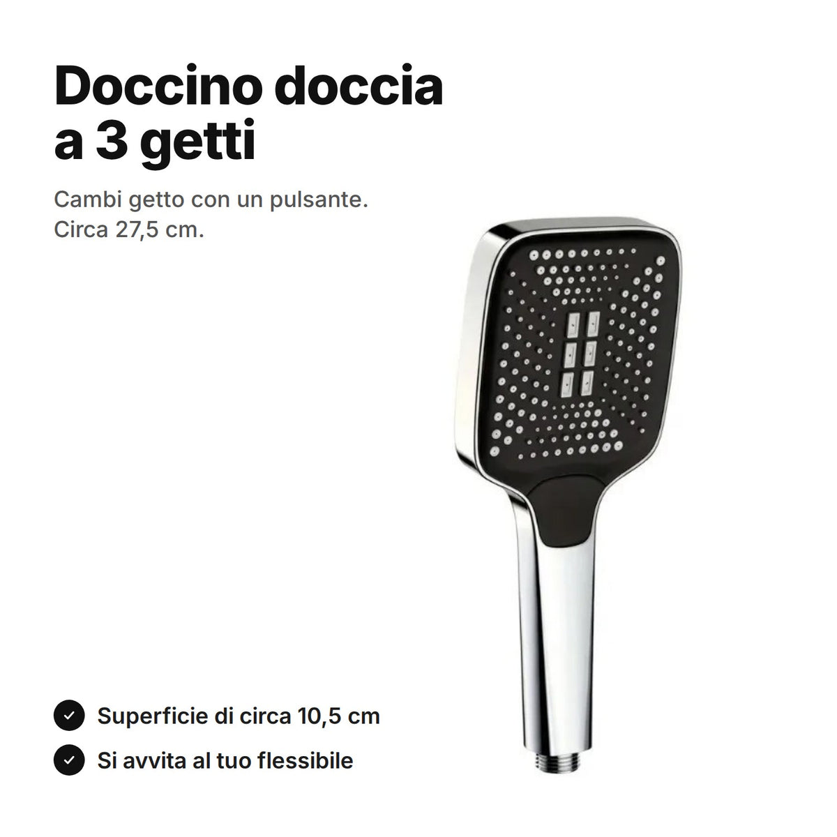 Doccino doccia quadrato a 3 getti, cromato e nero, lungo circa 27,5 cm