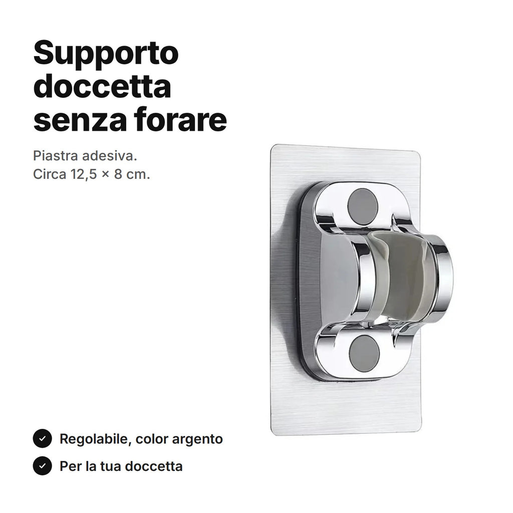 Supporto doccetta adesivo color argento, piastra di circa 12,5 × 8 cm, senza forare