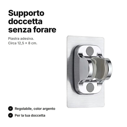 Supporto doccetta adesivo color argento, piastra di circa 12,5 × 8 cm, senza forare