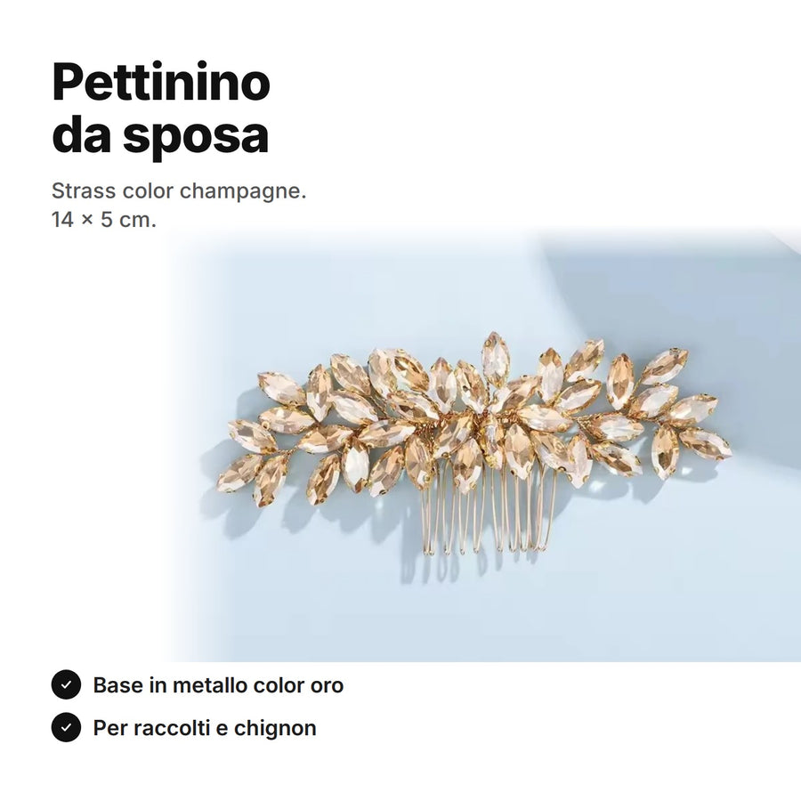 Pettinino da sposa con strass color champagne a foglie, 14 × 5 cm