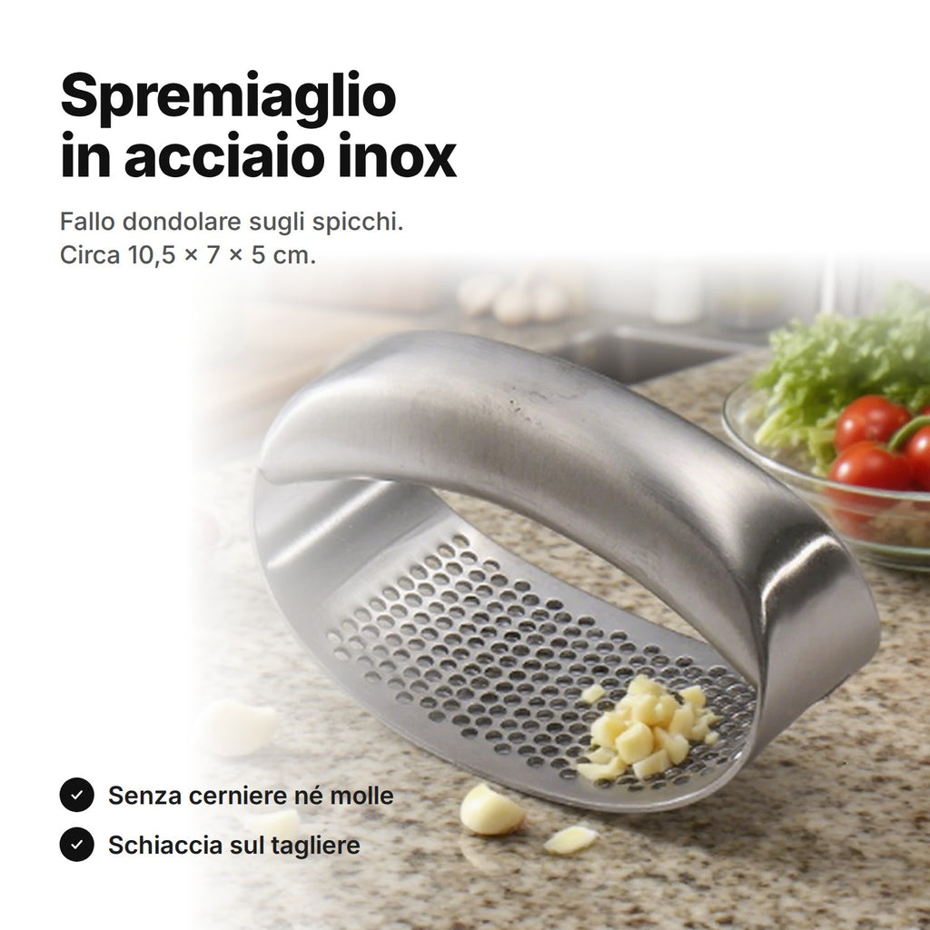 Spremiaglio in acciaio inox sul piano di lavoro – circa 10,5 × 7 × 5 cm, senza cerniere né parti staccabili