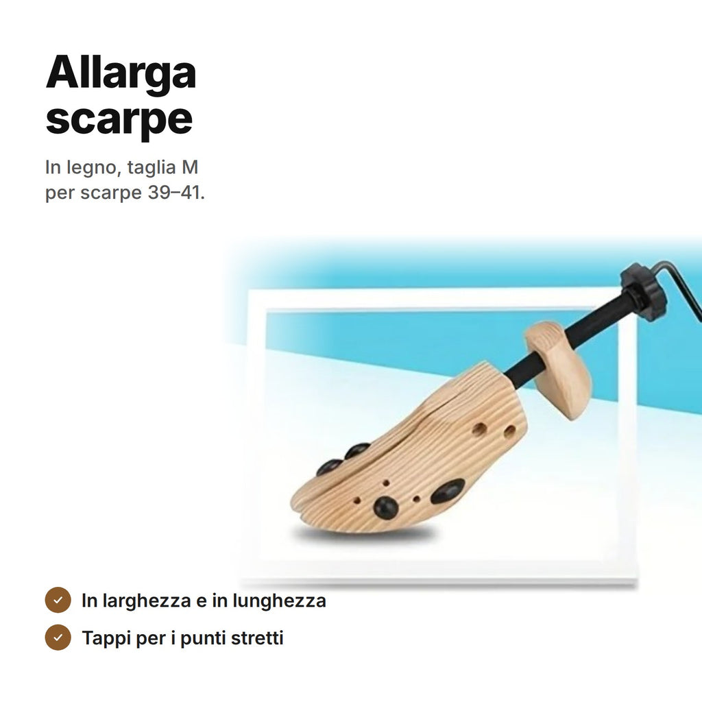 Allarga scarpe in legno taglia M per scarpe 39–41 – allarga in larghezza e in lunghezza, con tappi