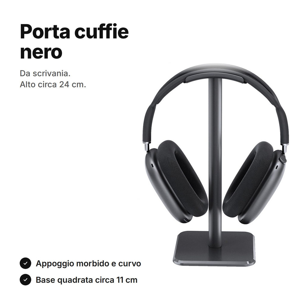 Porta cuffie nero alto circa 24 cm, con parte superiore curva e morbida e base quadrata di circa 11 cm