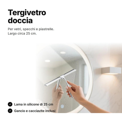 Tergivetro doccia in acciaio inox su uno specchio del bagno – lama in silicone di circa 25 cm, gancio e cacciavite inclusi