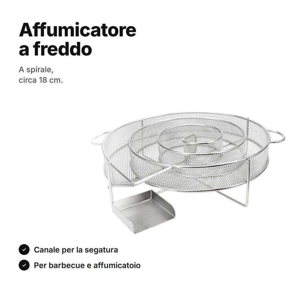 Affumicatore a freddo a spirale, circa 18 cm – canale in rete d'acciaio per la segatura, per barbecue e affumicatoio