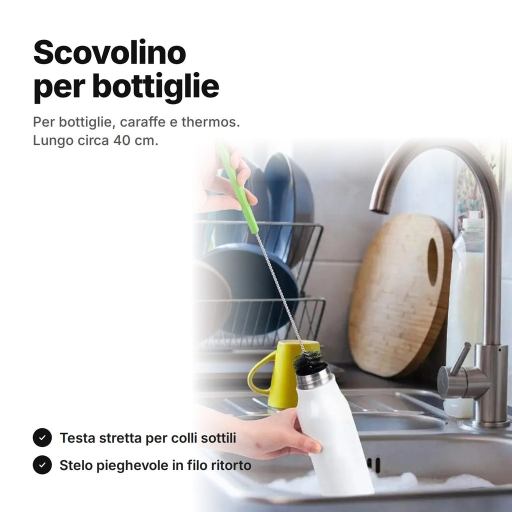 Scovolino per bottiglie lungo circa 40 cm che entra in una borraccia accanto al lavello, con testa stretta e stelo pieghevole