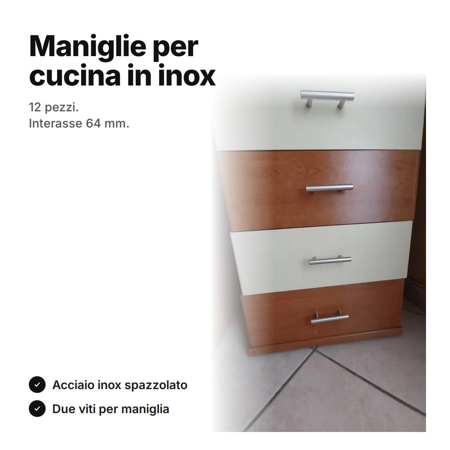 Maniglie per cucina in acciaio inox con interasse 64 mm montate su una cassettiera (foto di un cliente)