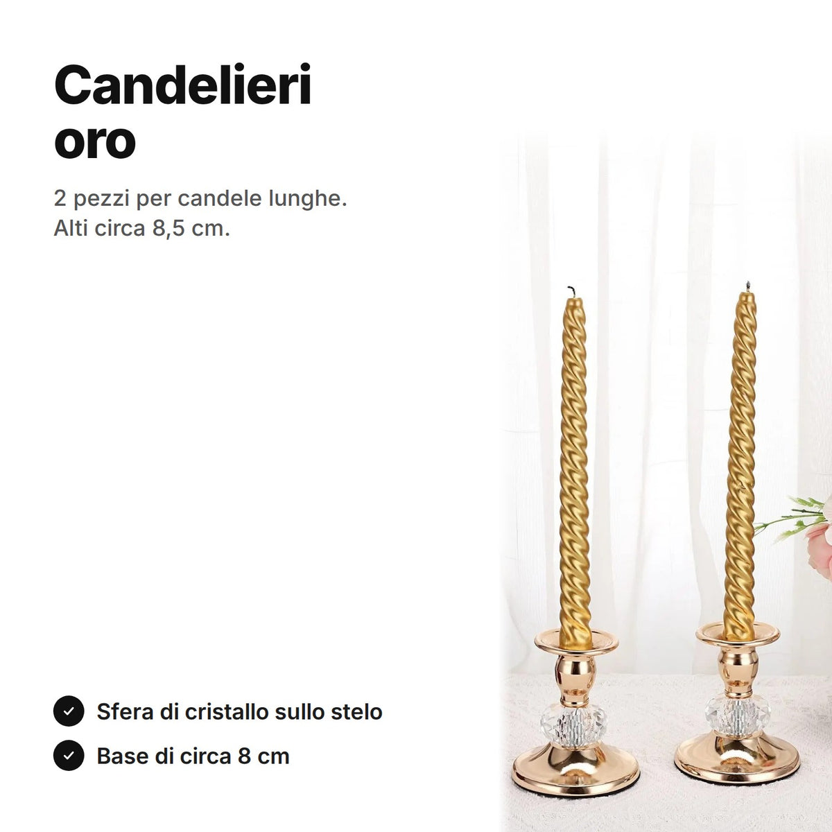 Candelieri oro per candele lunghe, 2 pezzi alti circa 8,5 cm con sfera di cristallo
