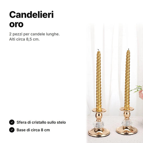 Candelieri oro per candele lunghe, 2 pezzi alti circa 8,5 cm con sfera di cristallo