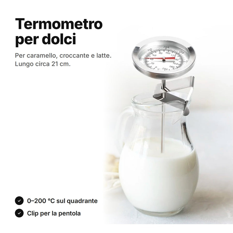 Termometro per dolci con quadrante 0–200 °C e clip per la pentola, lungo circa 21 cm