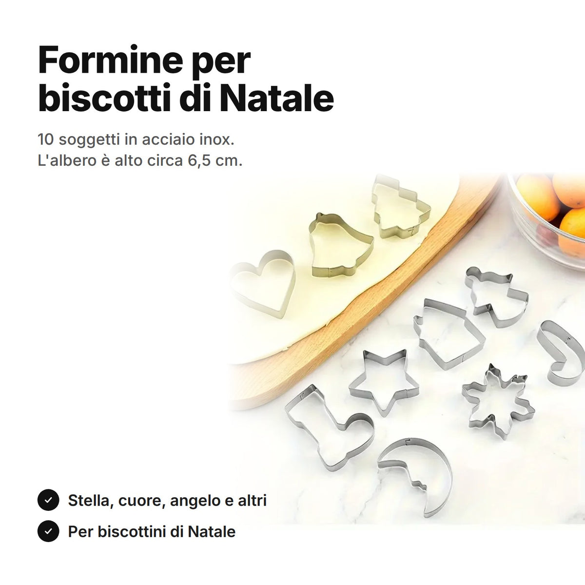 Formine per biscotti di Natale in acciaio inox – 10 soggetti natalizi, l'albero alto circa 6,5 cm