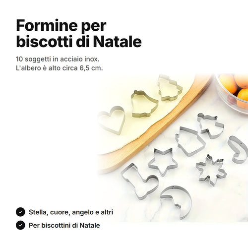 Formine per biscotti di Natale in acciaio inox – 10 soggetti natalizi, l'albero alto circa 6,5 cm