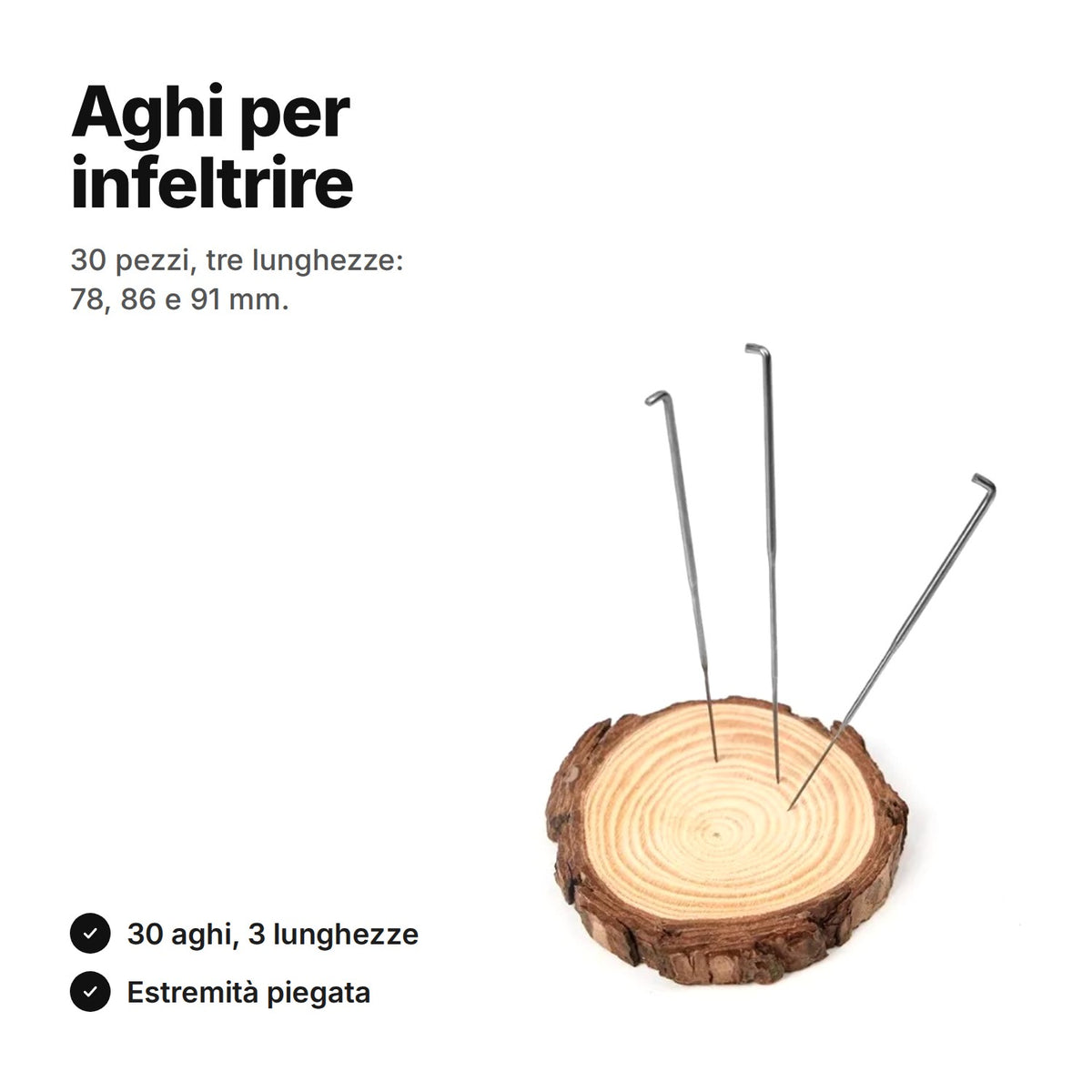 Aghi per infeltrire: 30 pezzi in tre lunghezze, 78, 86 e 91 mm, con estremità piegata