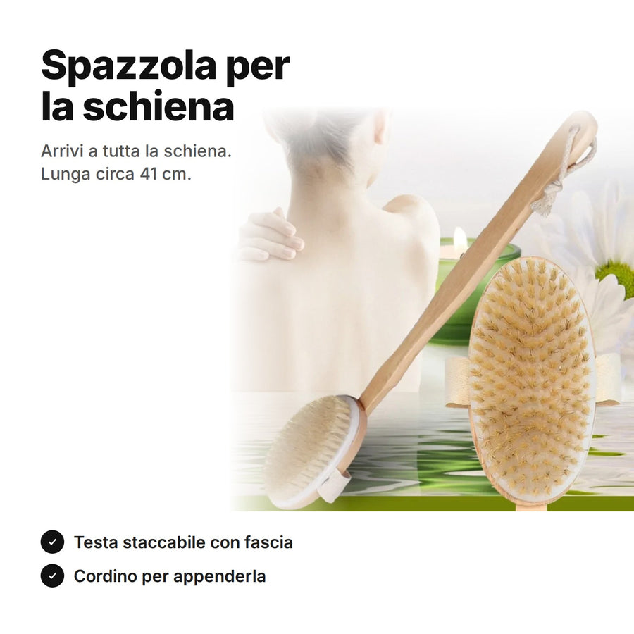 Spazzola per la schiena con manico lungo in legno – lunga circa 41 cm, testa staccabile con fascia