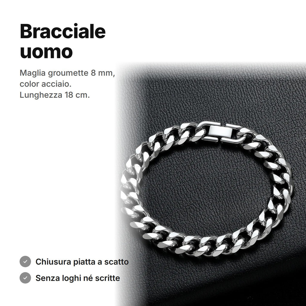 Bracciale uomo color acciaio a maglia groumette 8 mm, lunghezza 18 cm