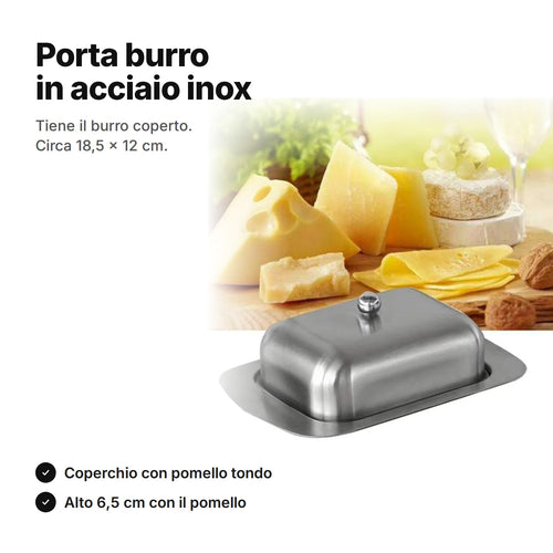 Porta burro in acciaio inox con coperchio e pomello tondo – circa 18,5 × 12 cm e alto 6,5 cm