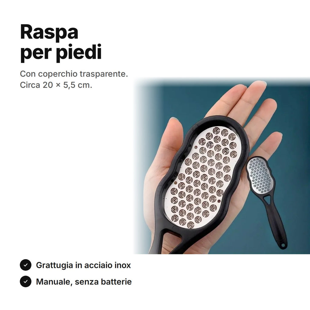 Raspa per piedi con coperchio: grattugia in acciaio inox e manico nero, circa 20 × 5,5 cm