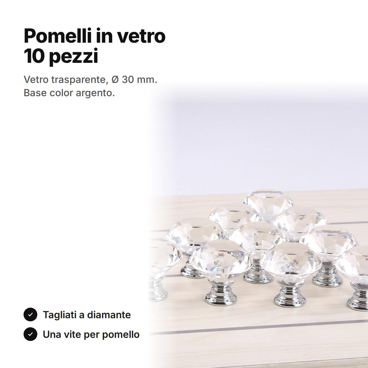 Pomelli in vetro 10 pezzi: vetro trasparente tagliato a diamante, Ø 30 mm, base color argento