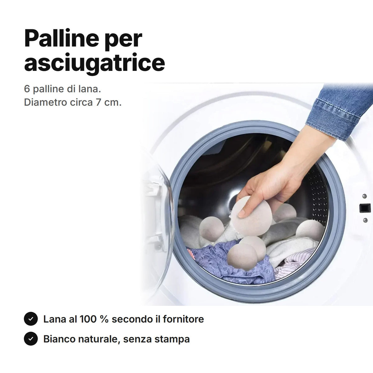 Palline per asciugatrice in lana, 6 palline bianco naturale per il cestello, diametro circa 7 cm