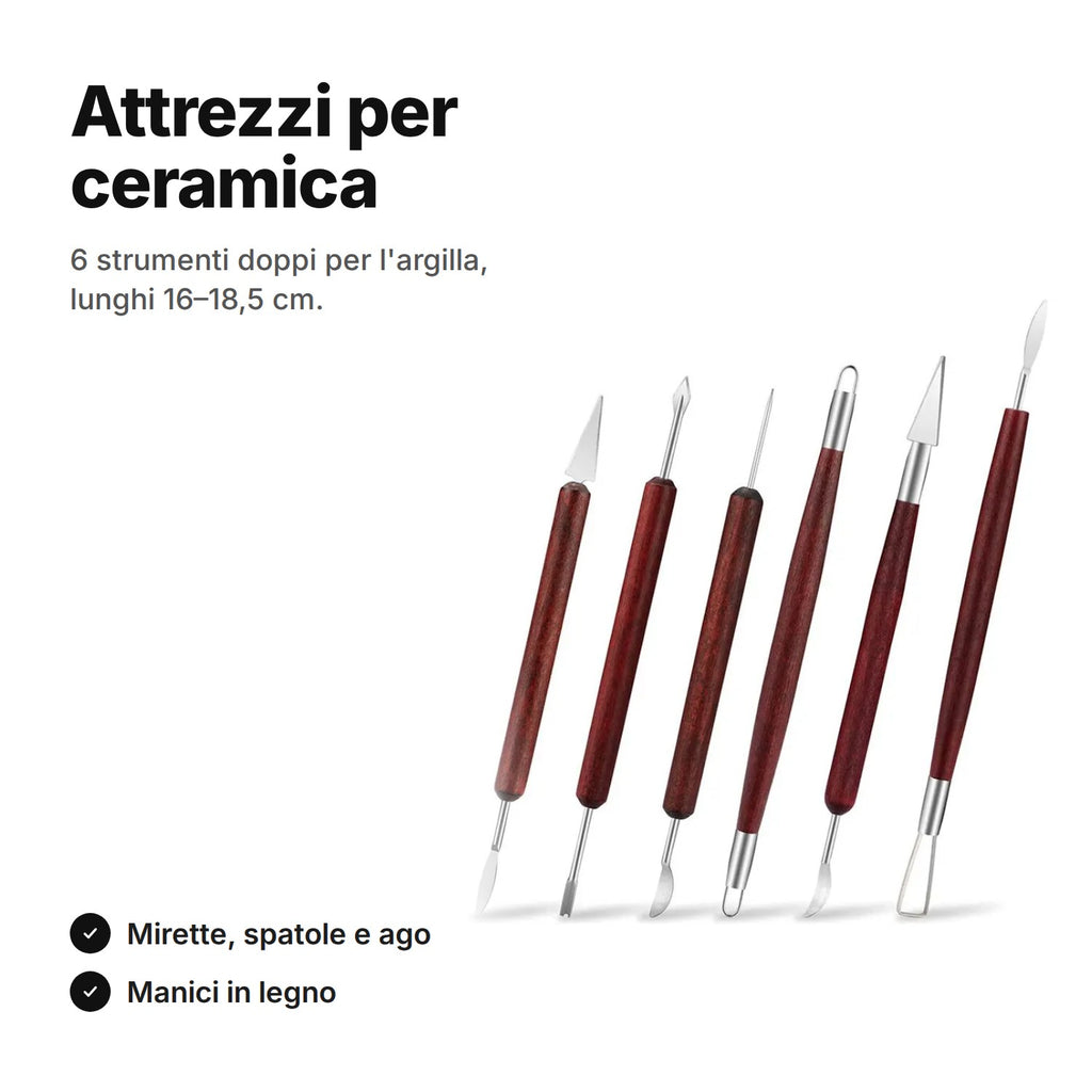 Attrezzi per ceramica: 6 strumenti doppi per l'argilla, 16–18,5 cm, mirette, spatole e ago, manici in legno