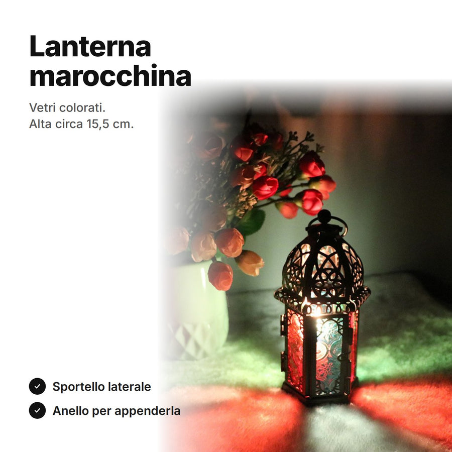Lanterna marocchina nera con vetri colorati, alta circa 15,5 cm, con sportello laterale e anello per appenderla