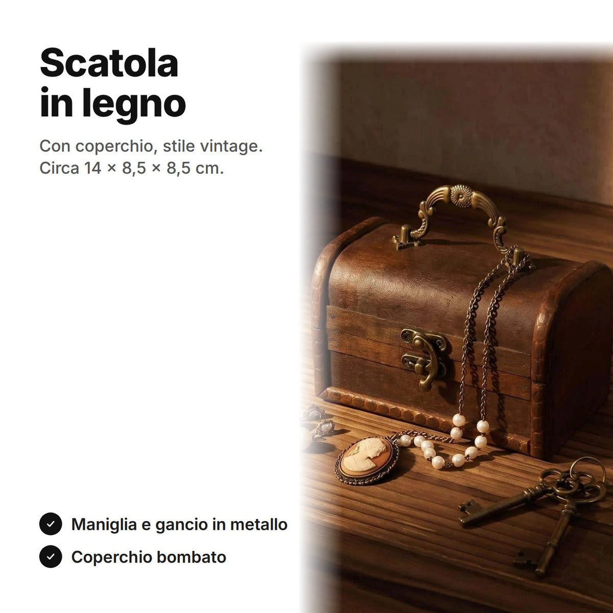 Scatola in legno con coperchio in stile vintage, circa 14 × 8,5 × 8,5 cm, con maniglia e gancio in metallo