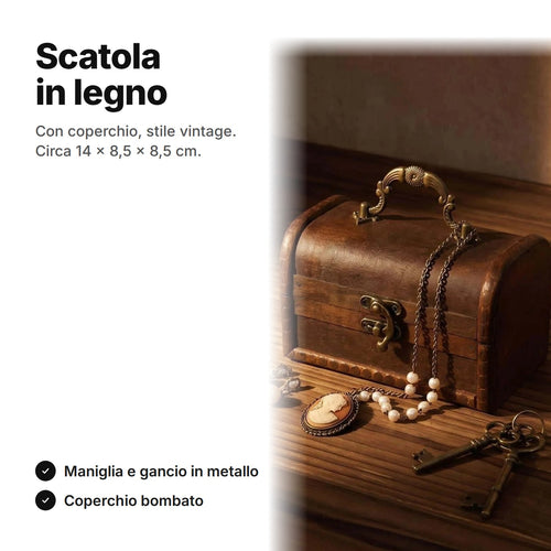 Scatola in legno con coperchio in stile vintage, circa 14 × 8,5 × 8,5 cm, con maniglia e gancio in metallo