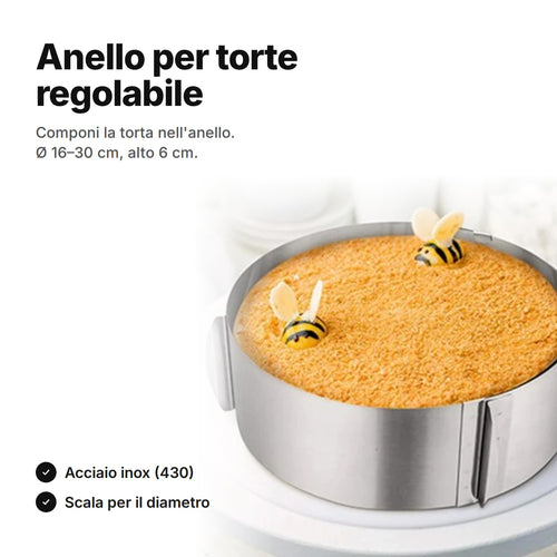 Anello per torte regolabile in acciaio inox intorno a una torta su un'alzata – Ø circa 16–30 cm, alto 6 cm