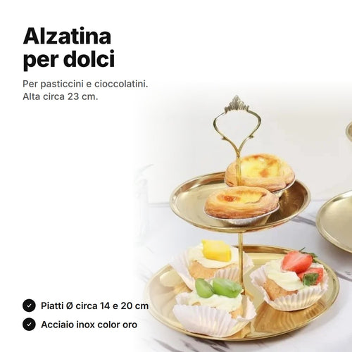 Alzatina per dolci a 2 piani in acciaio inox color oro con crostatine e pasticcini – alta circa 23 cm, piatti Ø circa 14 e 20 cm