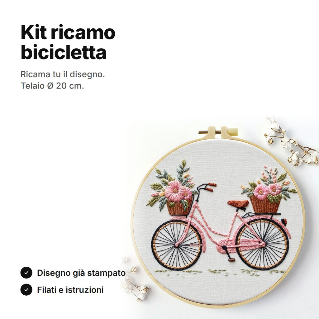 Kit ricamo con bicicletta e cesti di fiori, telaio da ricamo Ø 20 cm