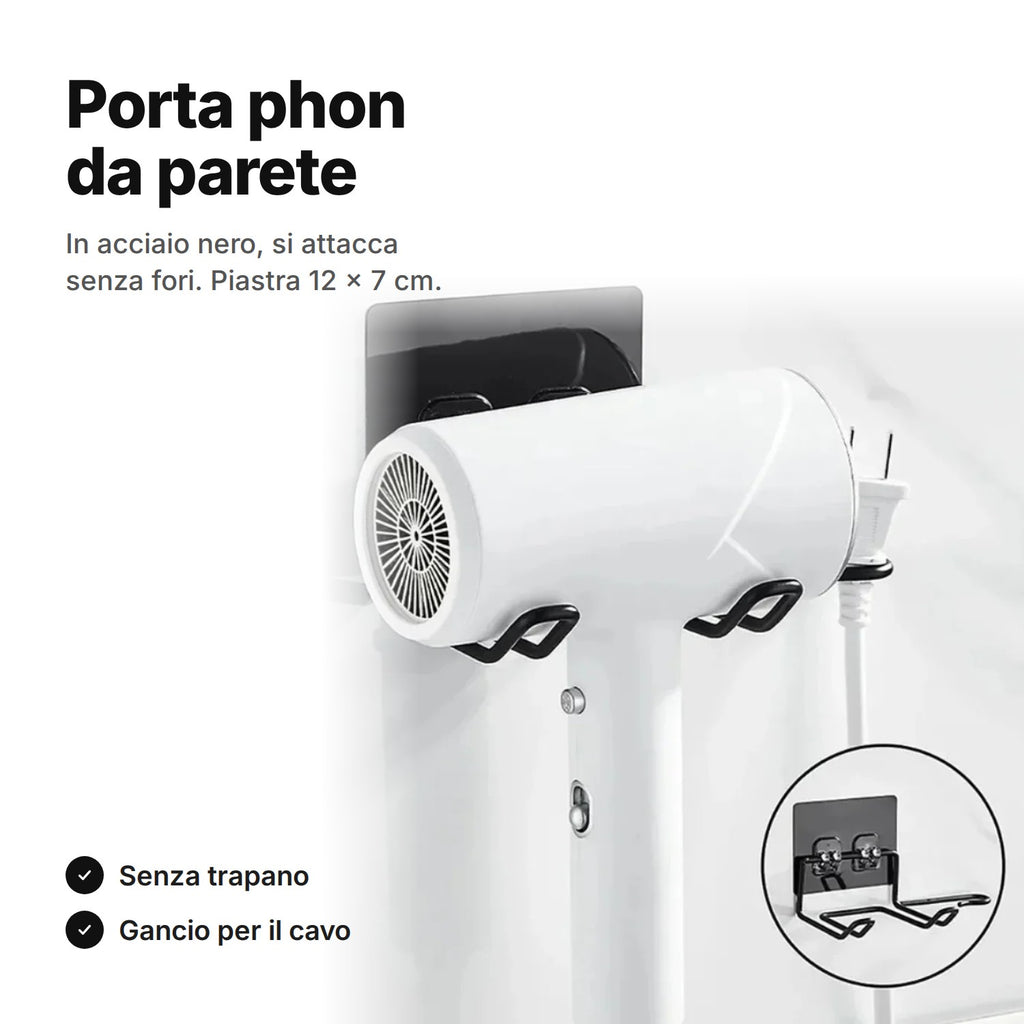 Porta phon da parete nero – supporto adesivo in acciaio senza fori, con un asciugacapelli appoggiato e il cavo sul gancio