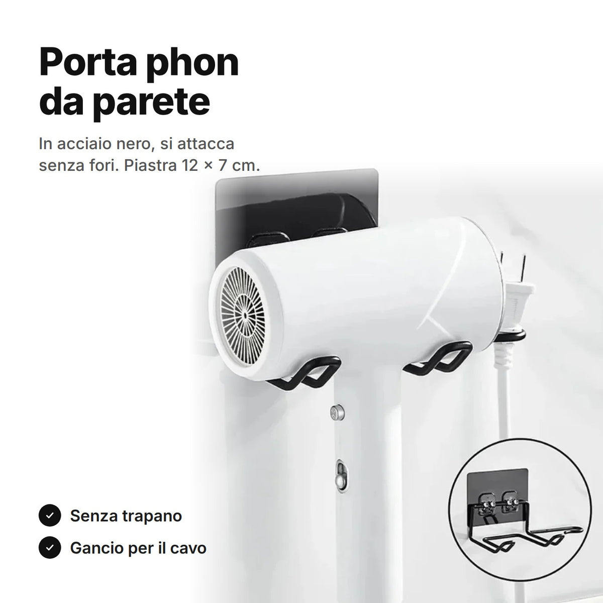 Porta phon da parete nero – supporto adesivo in acciaio senza fori, con un asciugacapelli appoggiato e il cavo sul gancio