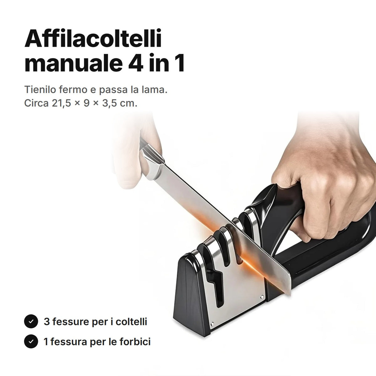 Affilacoltelli manuale 4 in 1 in uso – circa 21,5 × 9 × 3,5 cm, tre fessure per i coltelli e una per le forbici