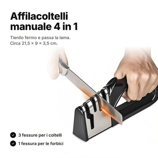 Affilacoltelli manuale 4 in 1 in uso – circa 21,5 × 9 × 3,5 cm, tre fessure per i coltelli e una per le forbici