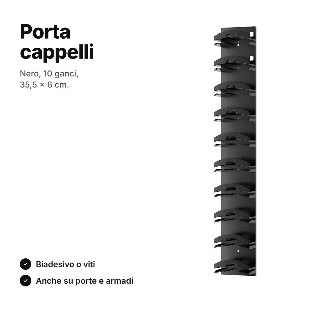 Porta cappelli da parete nero con 10 ganci per cappellini, 35,5 × 6 cm – si fissa con biadesivo o viti