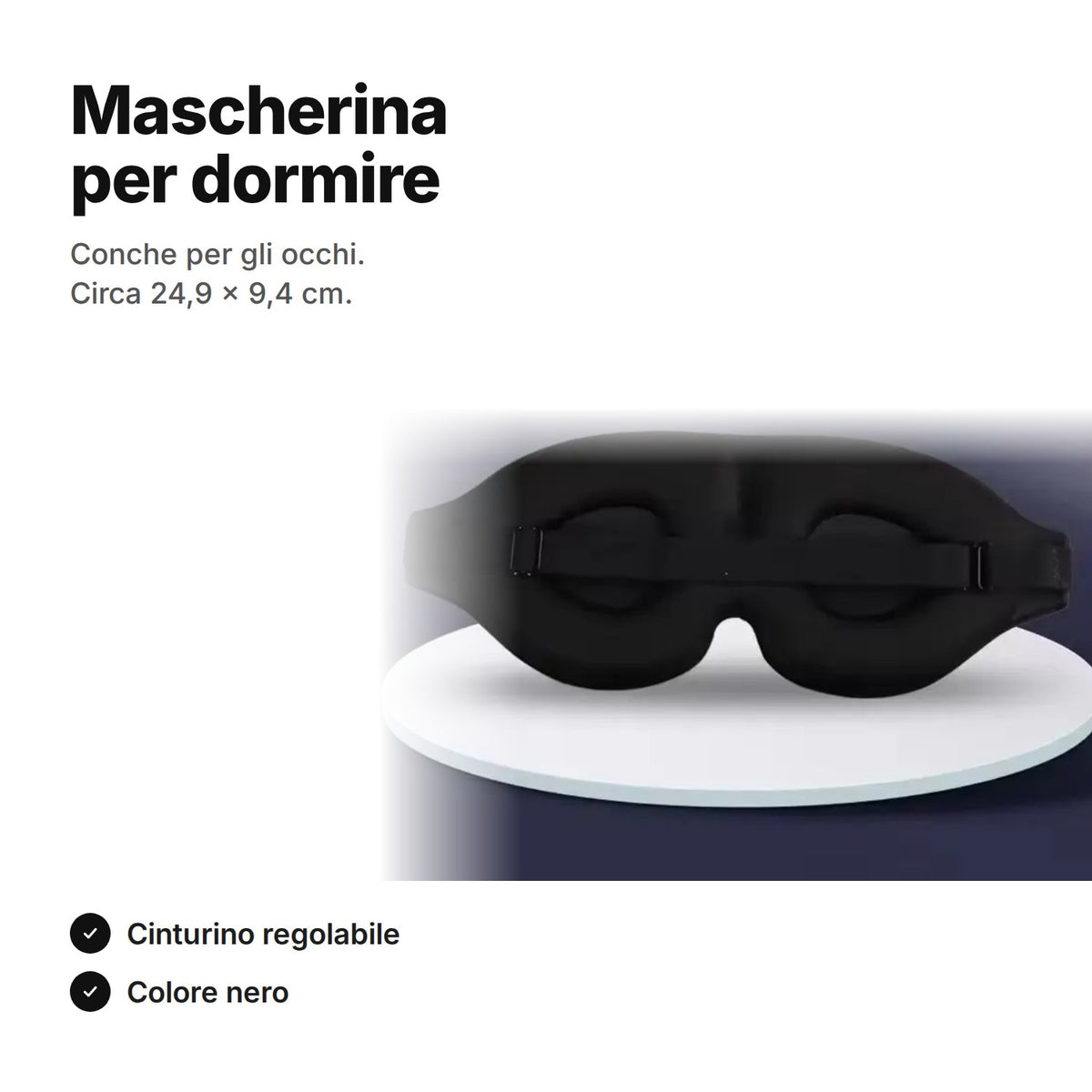 Mascherina per dormire 3D nera, conche per gli occhi, circa 24,9 × 9,4 cm