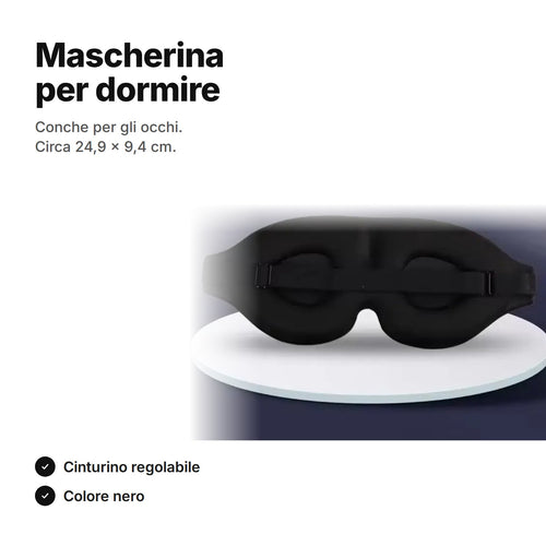 Mascherina per dormire 3D nera, conche per gli occhi, circa 24,9 × 9,4 cm