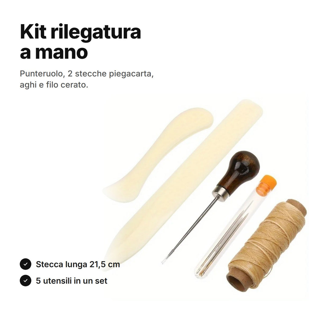 Kit rilegatura a mano – punteruolo, 2 stecche piegacarta, 6 aghi e filo cerato
