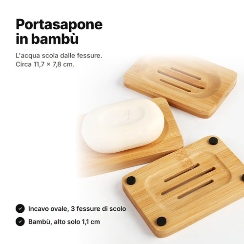 Portasapone in bambù: tre portasapone, uno con la saponetta, circa 11,7 × 7,8 cm con tre fessure di scolo