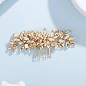 Pettinino per capelli da sposa con strass color champagne a forma di foglie su base color oro